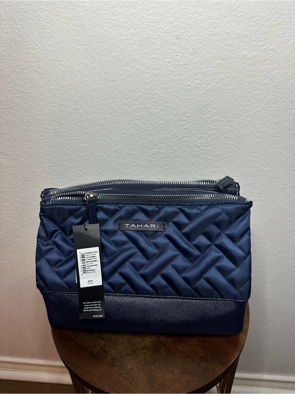 Tahari Quilted Navy Cosmetic Pouch with Dual Zips